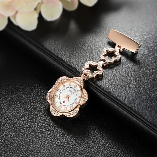SYOSI Women's Pin on Fob Watch, Stainless Steel Quartz Nurse Watch, Flower Shape Lapel Watch, Hanging Pocket Watch with Second Hand 2Pcs