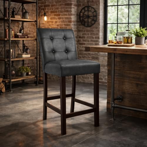 Image of HomePop Button Tufted Counter Stool, 24-Inch, Matt Black Faux Leather (Set of 2)