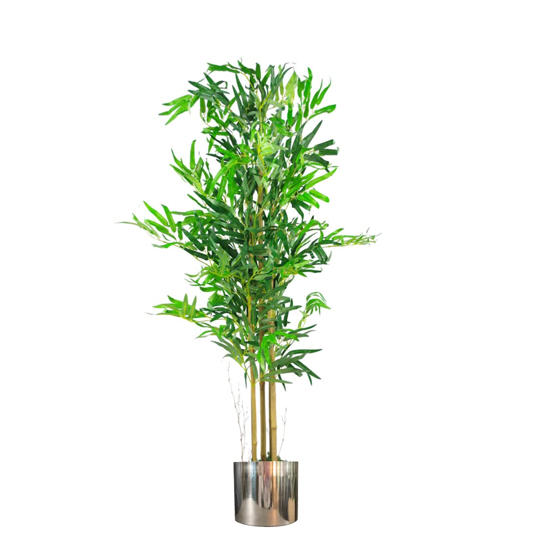 Leaf Artificial Bamboo Plant - 120cm - Green - Realistic Indoor Tree with Silver Metal Planter