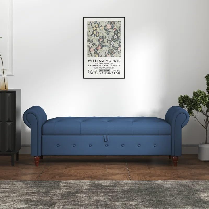 Image of 63 Inch Button Tufted Storage Ottoman Bench with Rolled Arms for Bedroom & Living Room | Chesterfield End of Bed Bench with Hidden Storage | Upholstered Sofa Bench Seating for Entryway, Navy Blue