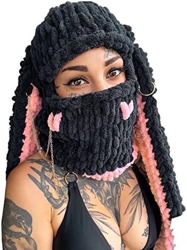 Women Girls 1-Hole Knit Crochet Balaclava Hat Face Mask 3D Funny Bunny Ears Sweater Beanie Hat with Scarf Headwear (Black Pink, One Size)