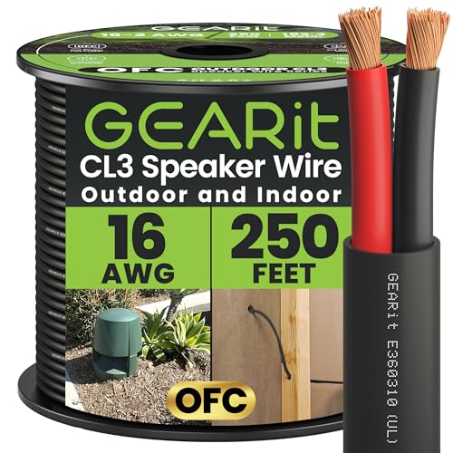 GEARit Outdoor Speaker Wire CL3 Rated, 16 Gauge Speaker Wire, Speaker Cable 250 ft for Outdoor Speakers, Patio, Garden, Backyard Audio, Direct Burial in Ground/in Wall, OFC (Black, 2-Conductors)