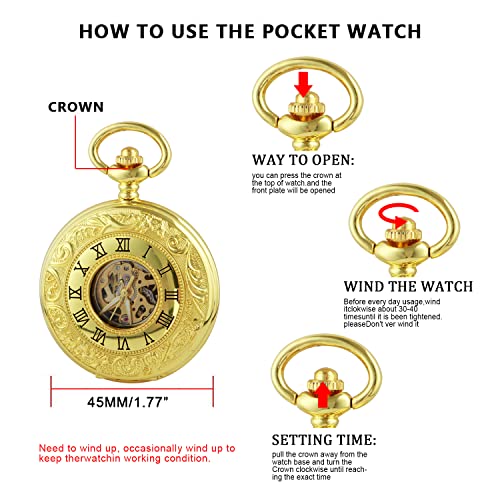 Vintage Mechanical Men's Pocket Watch, Roman Dial Clock Hand Wind Pocket Watch for Men with FOB Chain Gift, MW147, Retro