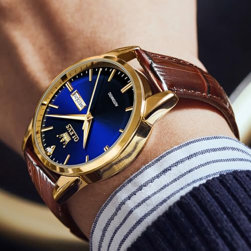 Image of OLEVS Brown Mens Leather Watch Dress Casual Day Date Quartz Wrist Watch