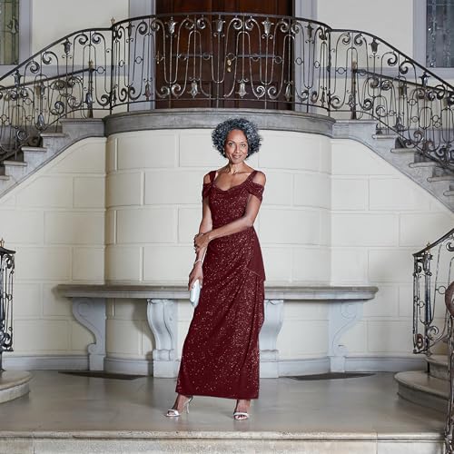Image of Plus Cold Shoulder Glitter Mesh Dress with Draped Skirt & Cowl Neckline