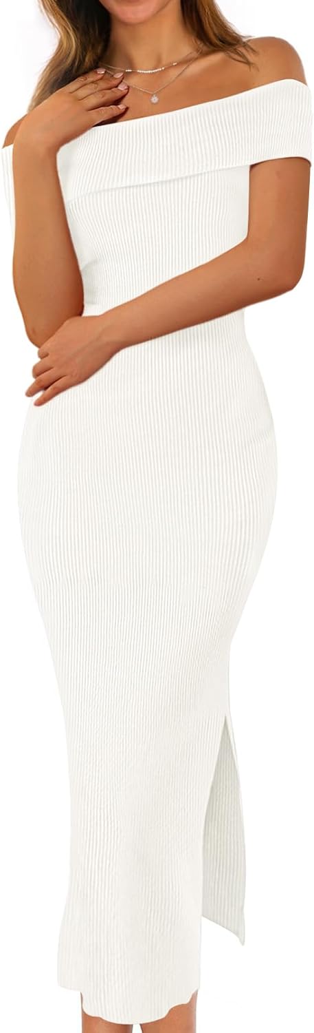 MEROKEETY Women's 2025 Off Shoulder Bodycon Midi Dress Summer Spring Formal Elegant Knit Sweater Dresses - Image 2