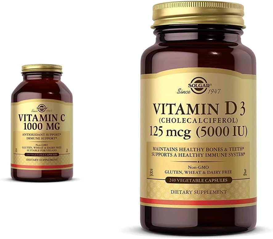 Solgar Vitamin C 1000 mg, 250 Vegetable Capsules - Antioxidant & Immune Support - Overall Health - H with Vitamin D3 (Cholecalciferol) 125 mcg (5,000 IU) Vegetable Capsules - 240 Count