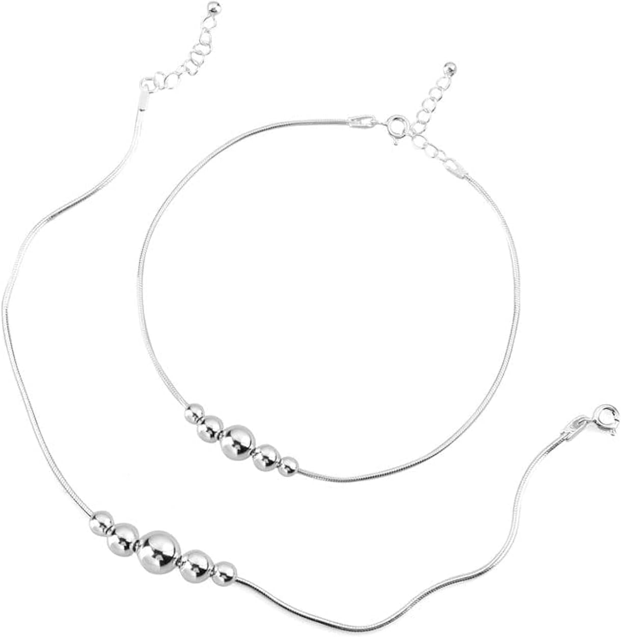 DHRUVS COLLECTION 925 Pure Silver 5 Moving Ball Threaded Snake Pattern Anklet (Payal) in Pure 92.5 Pure Sterling Silver for Girls & Women