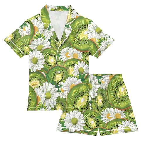 ALAZA Kiwi Fruit Daisy Flower Green Pajamas Satin Pajama Set Short Sleeve Button Down Sleepwear