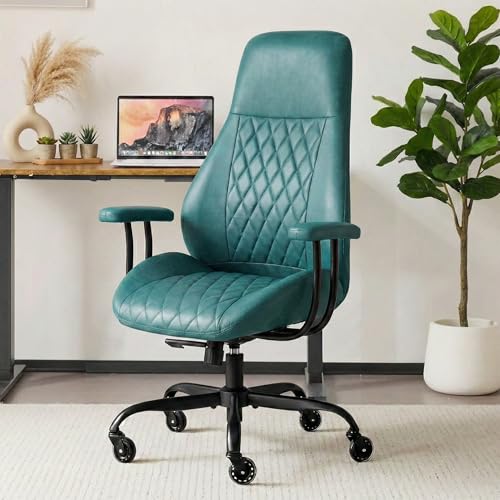 Image of E-Motie Leather Office Chair, Mid Century Modern Desk Chair, Green | Ergonomic, Lumbar Support, 360 Swivel & Rolling Wheels, Adjustable Height, for Adults & Women