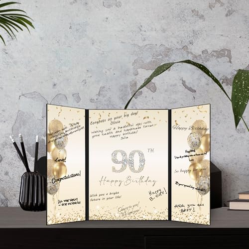 Image of DARUNAXY Black Gold 90th Birthday Party Decorations, Happy 90th Birthday Alternative Signature Guest Book for Men Women Cheers to 90 Years Old Gifts 90 Birthday Signing Card Board Party Supplies