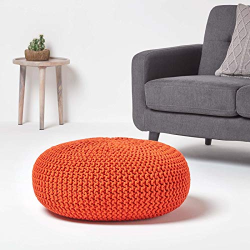 Pouf rond tressé orange en coton 70x23 cm pour salon