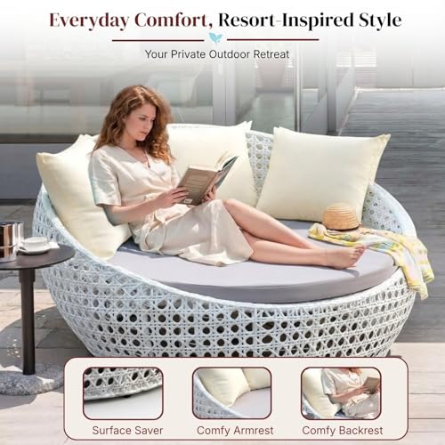 Image of DEVOKO Outdoor Pool Side, Garden, Balcony, Porch, Backyard, Terrace, Patio, Beach Round Sofa Wicker And Rattan Unique Design Daybed Furniture Set (White And Off White), 139 Centimeters, 122 CM, 76 CM