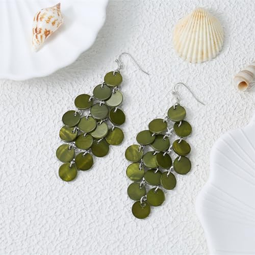 Layered Dangling Shell Disc Beads Earring Handmade Multi Colorful Orange Red Blue Drop Chandelier Earring for Women4