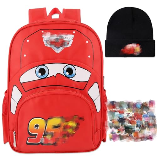 Heartsking Car School Bag Cool School Backpack Lightweight School Bag Boys Girls Kids Red Backpack Set with Hat Stickers for Days Out Rucksack Casual Travel Vacation Bag