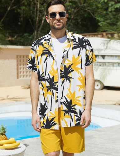 Image of Yimoon Men's Summer 2 Piece Outfits Tropical Print Short Sleeve Button Down Hawaiian Beach Shirt and Shorts Set