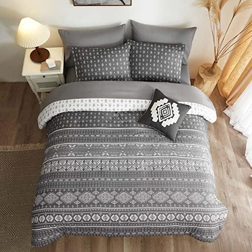 Geniospin King Comforter Set 8 Piece, Reversible Boho King Comforter Folkloric Art Pattern, All Season Comfortable Aztec Bedding Set (Grey King, 102x90 Inches)