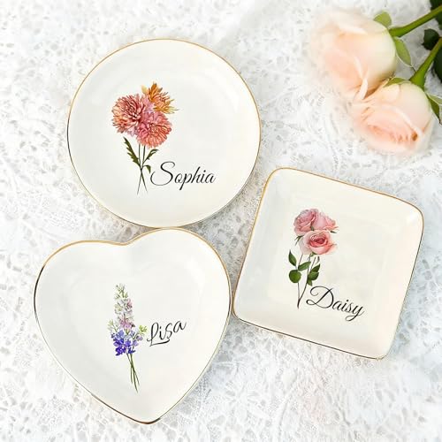 YUNMARY Personalized Birth Flower Jewelry Dish...