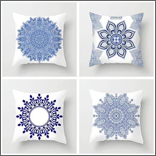 4er Set Dekorative Kissenbezüge 50x50cm Blaues Mandala Kissenbezug Zierkissenbezug Baumwoll und Leinen Quadratischer Unsichtbarem Reißverschluss Doppelseitiger Kissenhülle für Couch Sofa Outdoor B332 Cover