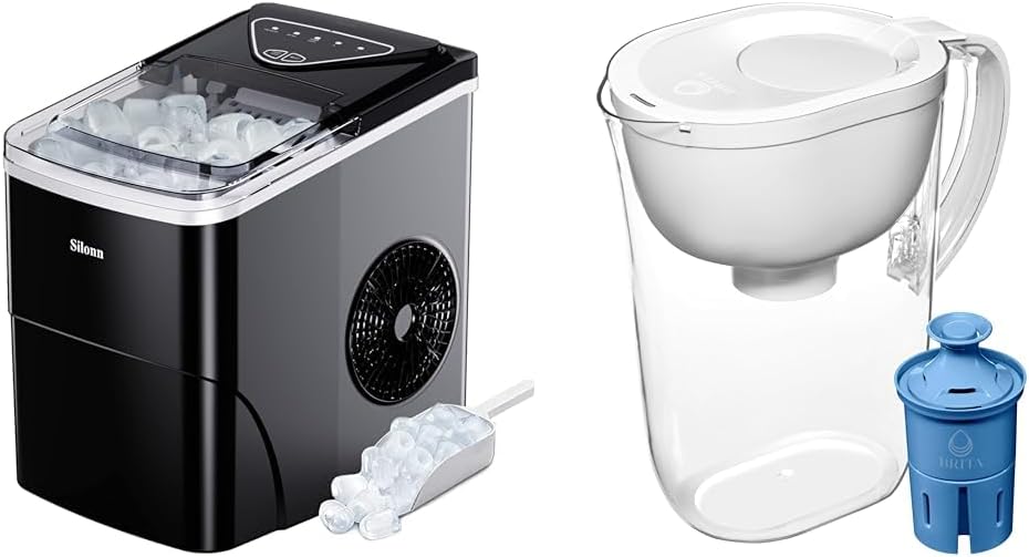 Silonn Ice Maker Countertop & Brita Large Water Filter Pitcher for Tap and Drinking Water with SmartLight Filter Change Indicator + 1 Elite Filter