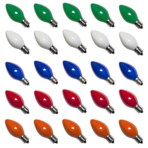 25 Pack C7 Outdoor String Light Ceramic Multi-Color Christmas Replacement Bulbs, E12/C7 Candelabra