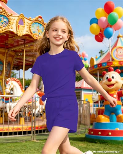Image of Bestuline Girls Summer 2 Piece Outfits,Basic Short Sleeve Top & Shorts Set with Side Pockets,4-14Y
