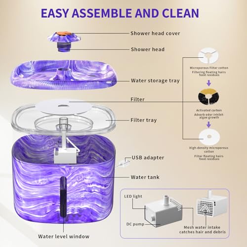 Image of Cat Water Fountain Purple: Automatic Flower Pet Water Fountain for Cats Indoor-84oz /2.5L, Cute Cat Fountain for Drinking, LED Blue Light, Upgraded Ultra Quiet Pump, Gifts for Cats, Dogs (8Filters)