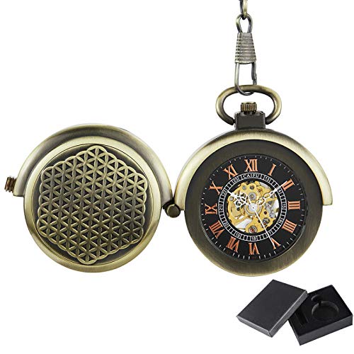 Taschenuhr,Retro Bronze Mechanische Taschenuhr Hohl Plattenspieler Gehäuse Steampunk Roman Ziffern Zifferblatt Handaufzug Uhren Bronzewithbox