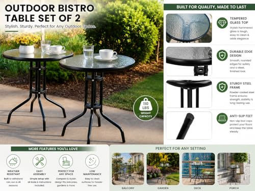 Image of Creative Outdoor Bistro Tables Set of 2, Round Glass Top, Black Metal Frame, Garden Patio Cafe Style (Pack of 2)