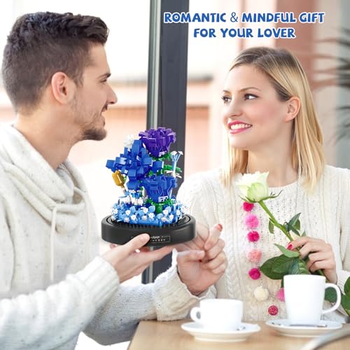 Image of QLT QIAOLETONG Flower Bouquet Building Set, 630 PCS Blue Rose Mini Building Blocks Kit for Adults, Flowers Botanical Collection for Home Decor, Mother's Day for Her Mom Women Wife Girlfriend