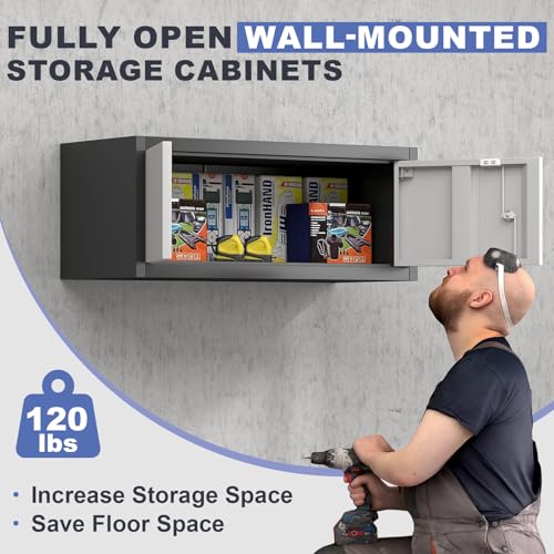Image of Metal Garage Storage Cabinet, Locking Cabinet Wall Mounted, 13 inch H Floating Cabinet for Warehouse, Upper Tool Cabinet for Home Office, Basement, Kitchen, RV Organization