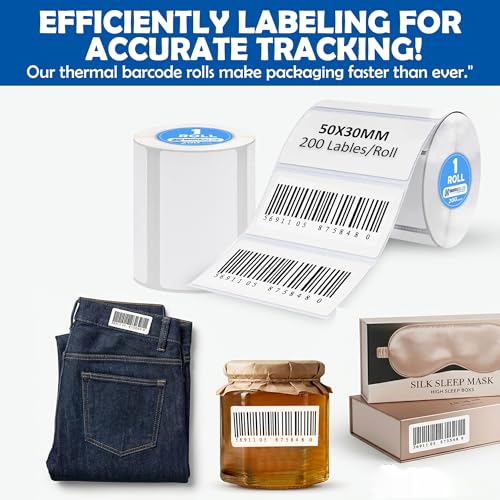 Image of MOREBLUE Thermal Sticker Labels 50x30mm Pack of 5 Rolls | 1000 Labels Total (200 per Roll) | Self Adhesive Barcode Labels | Easy Peel, Smudge Resistant | Shipping & Address Use