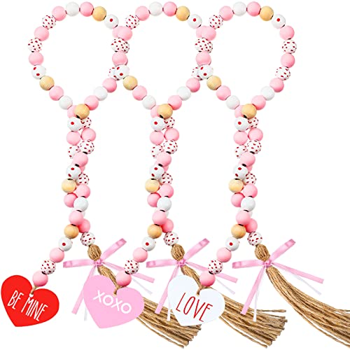 3 Stück Valentinstag Holzperlen Girlanden mit Quasten hängende Holzliebe Herz Ornamente Bauernhaus rustikale Perlen für gestufte Tablett-Dekorationen Valentinstag Dekor (Rosa Weiß Mix) Cover