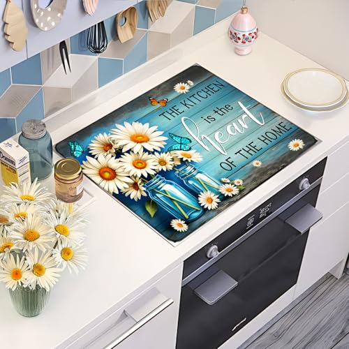 Image of White Daisy Stove Top Cover for Electric Stove, Flower Vase Bottle Stove Top Cover, Blue Butterfly Range Covers, Spring Summer Cooktop Cover Home Decor 28x20 inch, The Kitchen Is the Heart of the Home