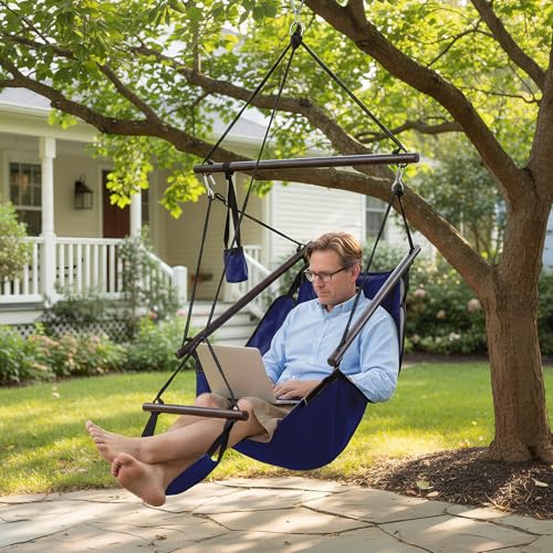 Image of ONCLOUD Sky Chair, Deluxe Hanging Hammock Air Chair Swing Seat with Pillow, Drink Holder, Solid Wood Weather Resistant for Indoor /Outdoor Yard Garden Tree Patio Porch, 250 LBS (Navy Blue)