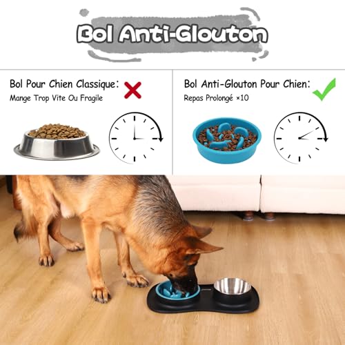 MateeyLife Hundenapf-Set 3-in-1, Anti Schling Napf Hund & Edelstahl-Wassernapf mit Anti-Rutsch-Silikonmatte, Katzen- und Welpennäpfe Futterschalen für kleine, mittelgroße und große Rassen