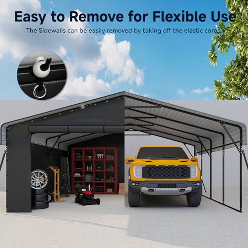 Image of Real Relax 20x20FT Heavy Duty Metal Carport, All-Weather Galvanized Steel Enclosed Car Canopy with Roll-Up Door, Reinforced Base for 2 Cars, Trucks, Boat, Gray