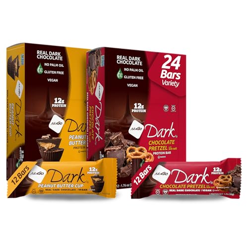 Image of NuGo Dark Variety - Pretzel with Sea Salt 12 Bars & Peanut Butter Cup 12 Bars, 12g Protein Bar, Vegan, Gluten Free, Non-GMO, Kosher Pareve, 24 Count Variety