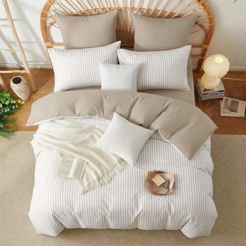 Image of Nayoroom White Striped Duvet Cover Queen Reversible Taupe Bedding Set