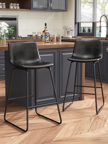 Image of REONEY Bar Stools Set of 2, 26 inch Urban Faux Leather Counter Stools, Black