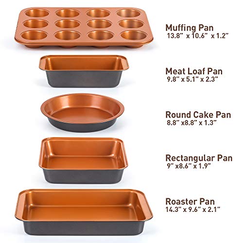SHINEURI 5-Piece Nonstick Copper Bakeware Set - 14.3inch Roast Pan, 13.8inch 12-Cup Muffing Pan, 9.8inch Loaf Pan, 9inch Square Pan & 8.8inch Round Cake Pan - Dishwasher & Oven Safe, PFOA/PTFE Free - Thumbnail 6