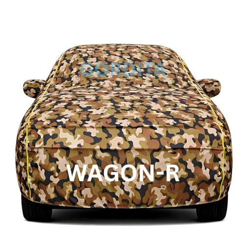 Image of Waterproof Car Body Cover for Wagon-R All Weather Protection Comes with Inner Cotton Lining & Triple Stitched with Mirror & Antenna Pocket Belt & Elastic Fit Army with Yellow Piping2