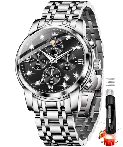 Image of OLEVS Chronograph Watches for Men Original Analog Quartz Silver Stainless Steel Chain Luxury Dual Time Zone Moon Phase Date Waterproof Men's Wrist Watch