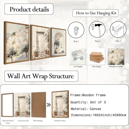 Framed Vintage Italian Wall Art Set of 3, Rustic Neutral Olive Tree Pictures Wall Decor, Mediterranean Farmhouse Landscape Paintings Canvas Prints Country Home Decor for Living Room Bedroom 16x24 inch