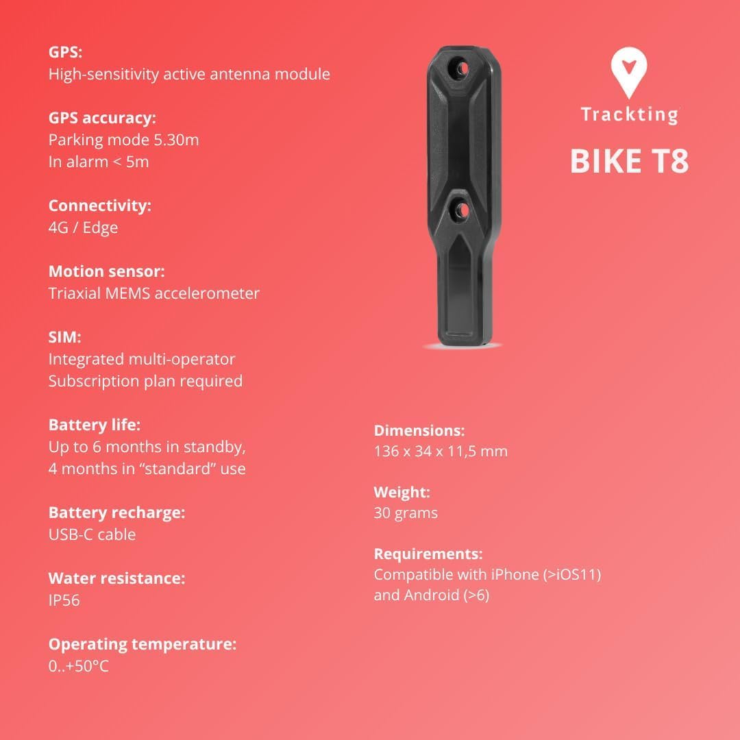 Trackting Bike T8 – Dispositif GPS Antivol pour Vélos & E-Bikes avec Carte SIM Intégrée (4G/2G) – Abonnement Requis | Traceur GPS Vélo | Appel D’Alerte Vol, Suivi en Direct, Longue Autonomie