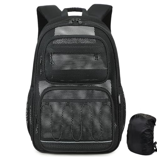 Image of Heavy Duty Mesh Backpack with Rain Cover For Stadium Event,16in Net Bookbag | Black See Through Net Backpack Semi-Transparent Large Lightweight Breathable for School Work Swimming Beach Fitness Sport
