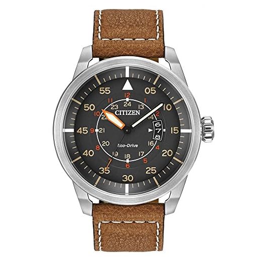 Citizen Men's Eco-Drive Weekender Avion Field Watch in Stainless Steel with Brown Leather strap, Grey Dial (Model: AW1361-10H)