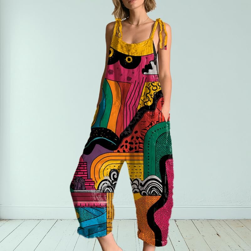 Oversized Womens Jumpsuit Novelty Y2k Floral Print Sleeveless Overalls Wide Leg Summer Spaghetti Strap Boho Rompers - Image 2