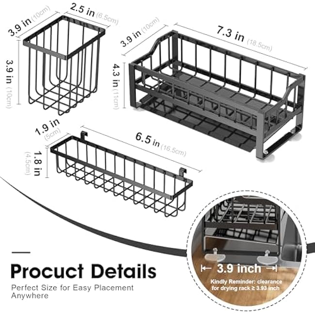 Compact Kitchen Sink Caddy Organizer with Long Brush Holders, 2 Baskets Sponge Holder for Kitchen Sink, Self Drain Rustproof Stainless kitchen Countertop Storage, Small Soap Dispenser Scrubber Rack