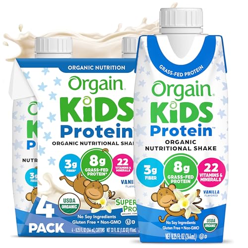 Orgain Organic Kids Protein Nutritional Shake, Vanilla - 8g of Protein, 22 Vitamins & Minerals, Fruits & Vegetables, Gluten Free, Soy Free, Non-GMO, 8.25 Fl Oz (Pack of 4)